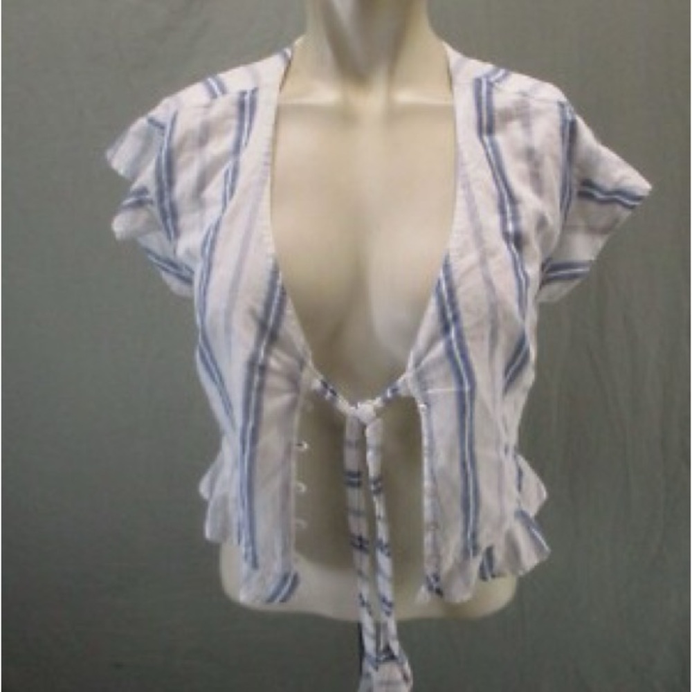Abercrombie & Fitch blue and white striped tie-front blouse